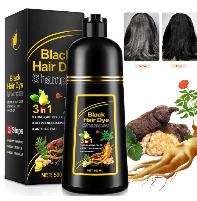 Hair Dye Shampoo Black for Men Women, 3 IN 1 Hair Color Shampoo for Gray Hair Instant Hair Coverage and Beard for Color Treated Hair, Herbal Ingredients 500ML