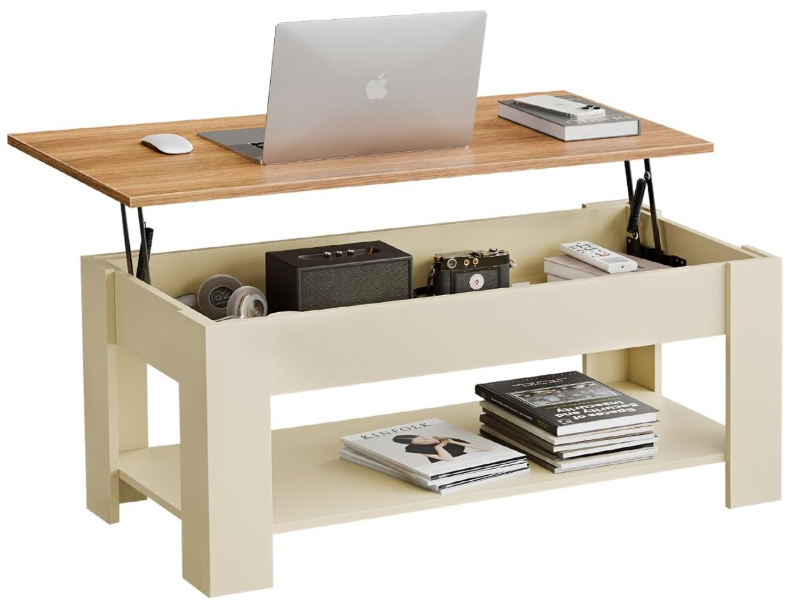 Blisswood Coffee Table With Storage, Lift Up Coffee Tables for Living Room, Wooden Coffee Table With 1 Shelf Large Hidden Storage Modern Rectangular Sofa End Lift-Top Tea Table Furniture, Cream & Pine