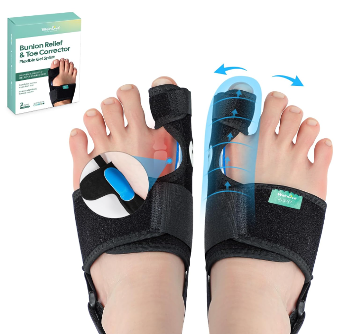 Welnove Bunion Corrector for Women & Men - Adjustable Bunion Splint with Soft Gel Pads, Toe Straightener & Non-Slip Strap for Pain Relief, Day & Night Support (Black)
