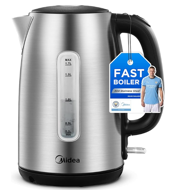 Midea Electric Kettle 3000W Fast Boil 1.7L Stainless Steel Kettle LED Indicator,Spring Lid,Removable Filter,Insulated Handle, Water Level Indicator, Dry Burn Protection,BPA-Free