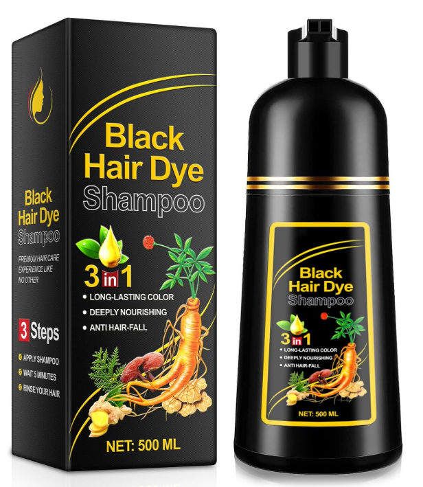hair Dye Shampoo Black for Men and Women, 3 IN 1 Color Shampoo for Gray and Color Treated Hair, Instant Coverage and Beard Care, Herbal Ingredients 500ML