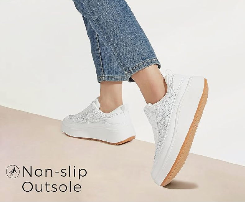 LUCKY STEP Women's Platform Sneakers Rhinestone Fashion Chunky Casual Sparkly Retro Braided Walking Shoes