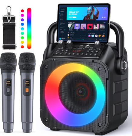 Karaoke Machine with Two Wireless Microphones, Portable Karaoke Machine for Adults & Kids, Portable Bluetooth Speaker with partybox PA System, LED Lights, Supports TF Card/USB, AUX in, FM, USB,TWS