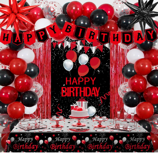 Red and Black Birthday Decorations for Men Women, Red Bday Balloon Arch Kit | with Happy Birthday Door Banner, Foil Fringe Curtains, Star Balloons & Tablecloth, Red Bday Party Supplies Decor